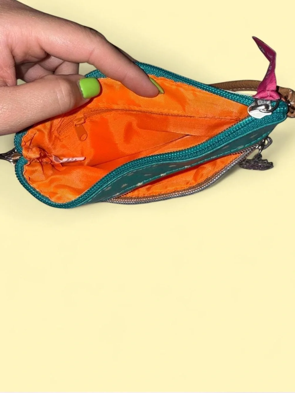 Vintage Y2K Lily Bloom Teal Top Multicolor Dot Wristlet with Tan Strap